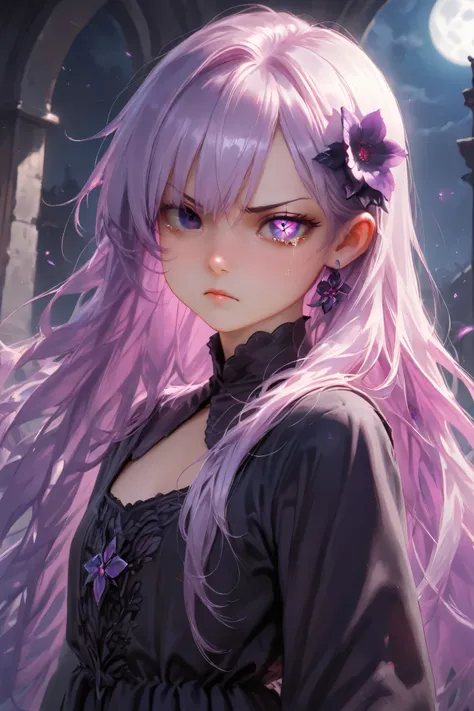 (masterpiece), (best_quality), (Detailed_Eyes), (semi_realistic), (girl), (fantasy), (8k), very long purple hair, (two_color_eye: 1.2), white left eye, purple right eye, cute, small, sister, black blouse dress with purple secondary color, emotionless face,...