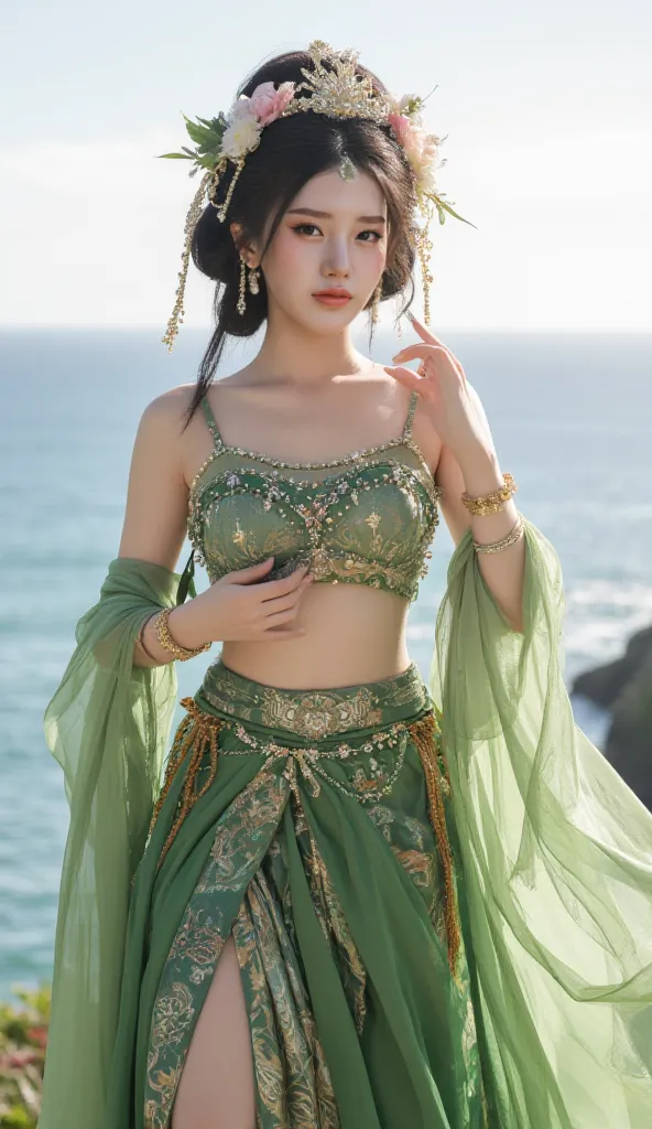 A graceful figure stands poised in a magnificent traditional costume, adorned with elaborate floral headdress and cascading golden accessories, capturing the essence of cultural elegance. The ensemble features a shimmering green top intricately embellished...