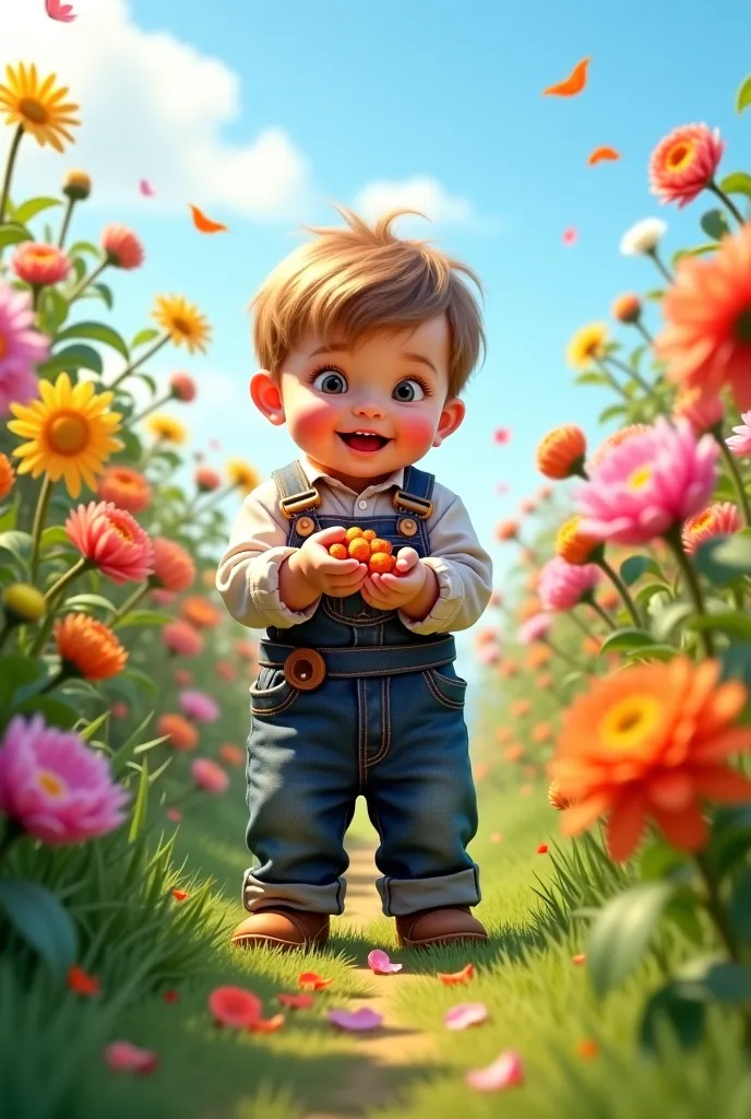 "A small boy in a beautiful garden, plucking flowers with curiosity and innocence. He has worn clothes and hands full of petals. His expression shows mischief and amazement. The environment is vibrant, with flowers of many colors, green grass and a clear s...