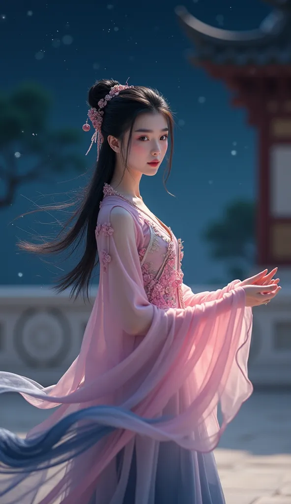 A beautiful Asian lady，Wear Song Hanfu，Hanfu is mostly pink， The background is a starry sky，Age about 20 years，Woman with slightly curly hair。