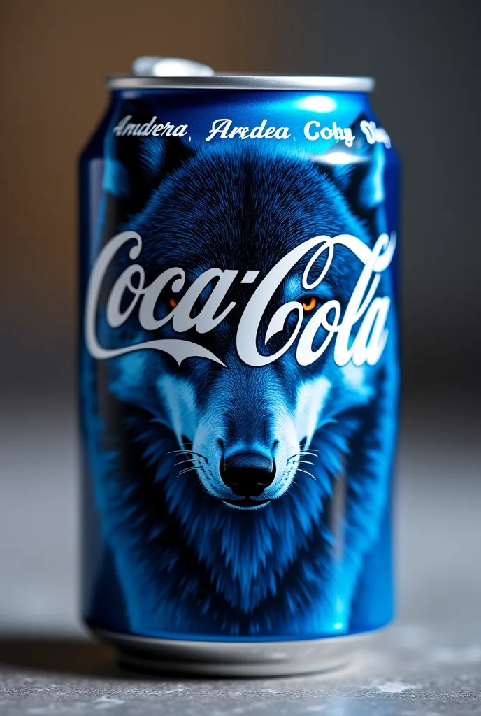 A can of Coca-Cola with original flavor with white letters with the name Andrea Díaz and the image of a blue wolf