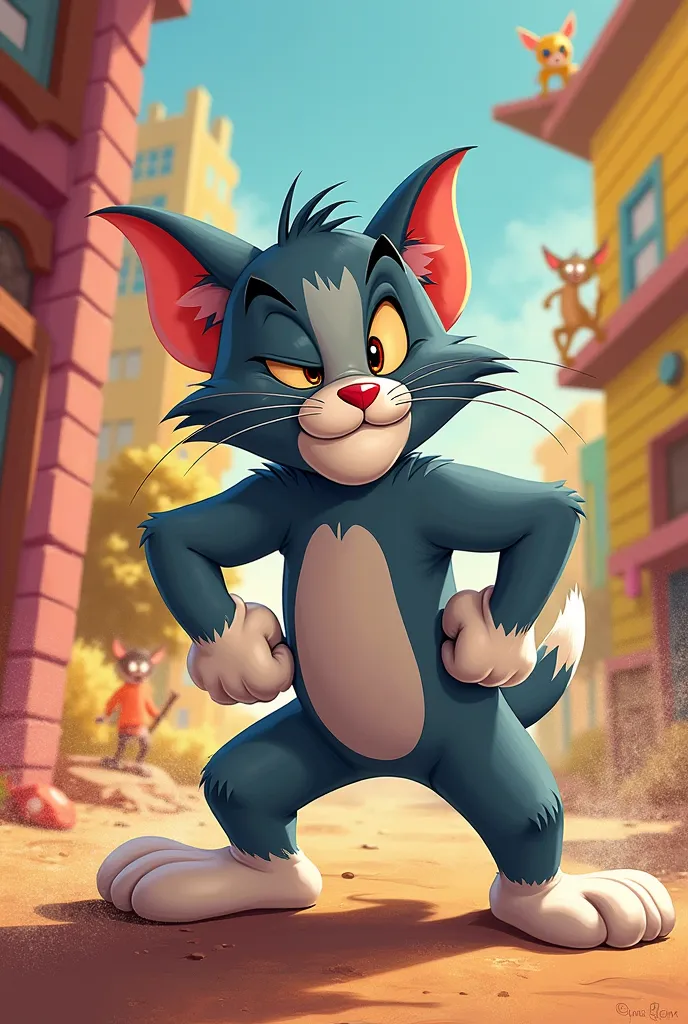 "A colorful, cartoon-style digital painting of Tom the cat, looking determined as he gets back up after falling, dusting himself off. The background is bright and playful, with a fun animated feel."
