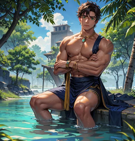 Young man staring at the screen with heavy breath. Dark, rich, brown curly hair with sun tanned skin and freckles along the face and cheeks. Golden jewelry around his neck, waist and bracelets. Green eyes. Arsthetic build and features, slightly out of brea...