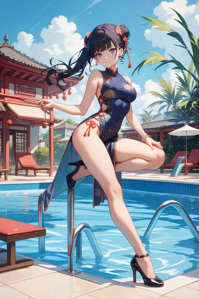 Black Haired Semi-Long,purple china dress,black bikinis at the pool,pin heels, stand on one leg, Y-shaped balance,Event Hall