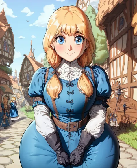 ((Cute short girl,blonde hair,long hair,full-bangs,low pigtails,blue eyes,wearing blue medieval suit,wide hips, big boobs)),(((background of medieval village ,stand,normal mood,front view)))