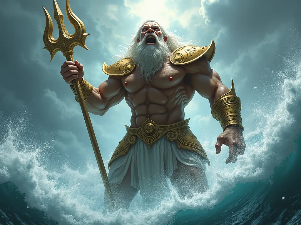 GOD POSEIDON SHOUTING WITH ALL HIS STRENGTH FURIOUS HIS FACE VERY CLOSE HE IS WITH HIS TRIDENT AND HIS ARMOR