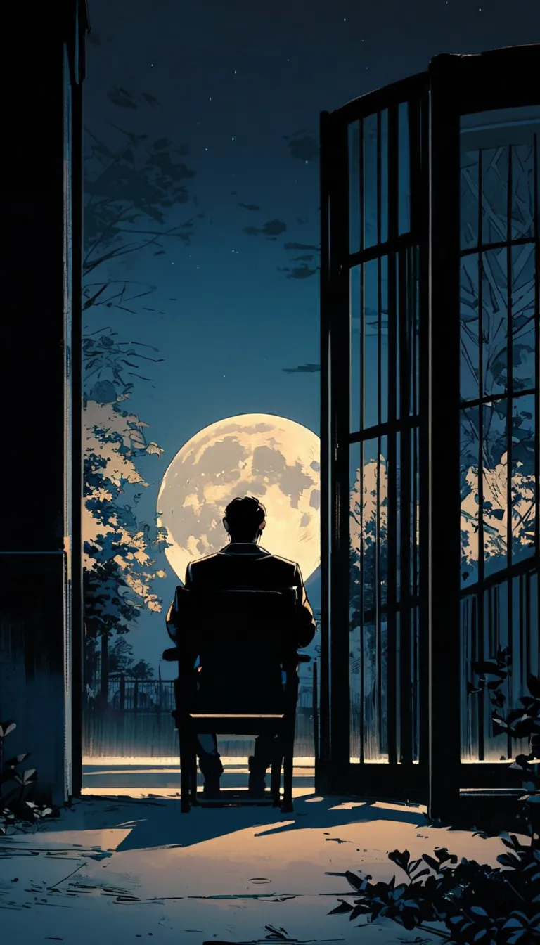 A man seats on a park, he's calling some one through his cell phone, Night time, big moon, the man looking at the moon, a man from behind view