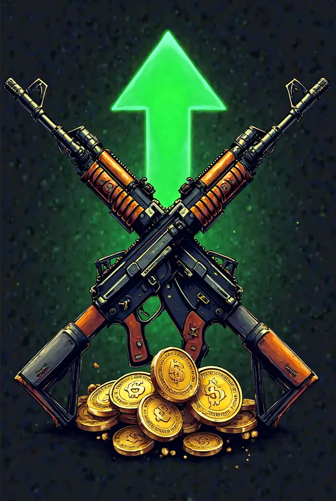 logo, it has an ak-47, m4a4, three gold coins and an investment green up arrow. Arms cross to cross 