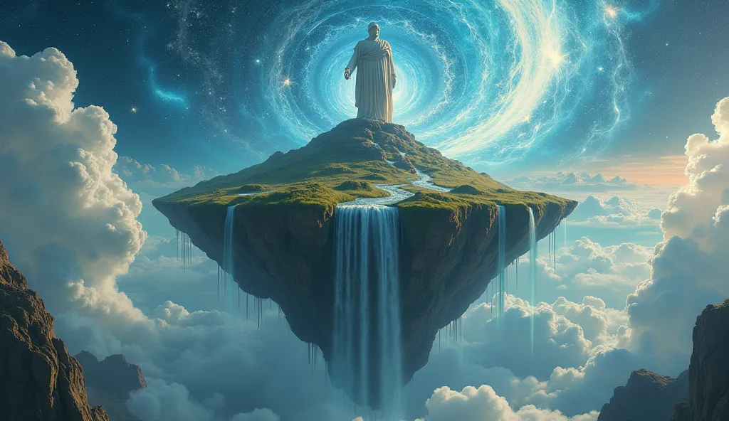 A floating island suspended in the sky, waterfalls cascading into the void, with the grand statue of Marcus Aurelius at its peak, surrounded by swirling cosmic energy.