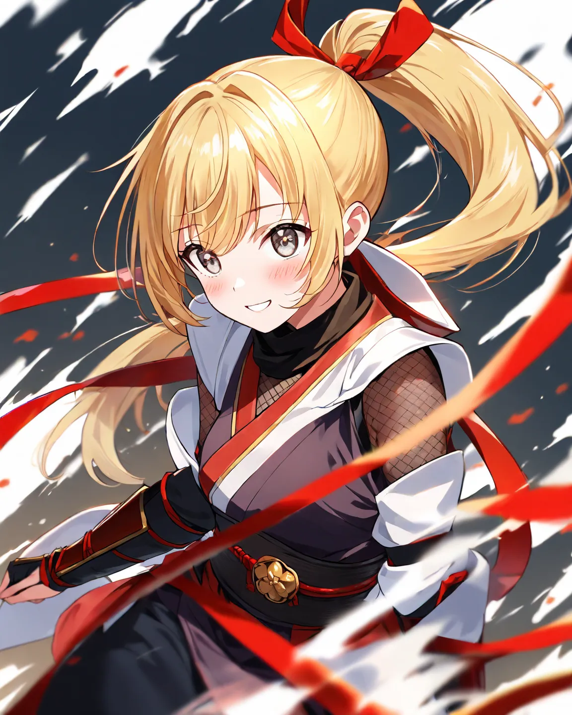 1 girl who died, solo, Ninja, golden hair, ribbons, ponytail, background blur, top quality, smiles,  Bright Eyes ,  pale blush, low angle