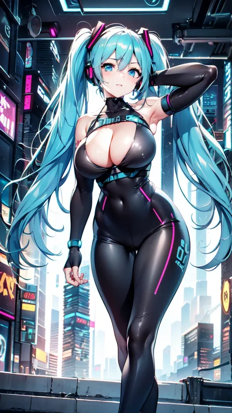  Hatsune Miku VOCALOID, Twin Tails, pale blue eyes, light blue hair, Tight fitting bodysuit, Cyberpunk,  The ultimate physical beauty, beautiful eyes, Big Breasts, , top quality, best image quality,