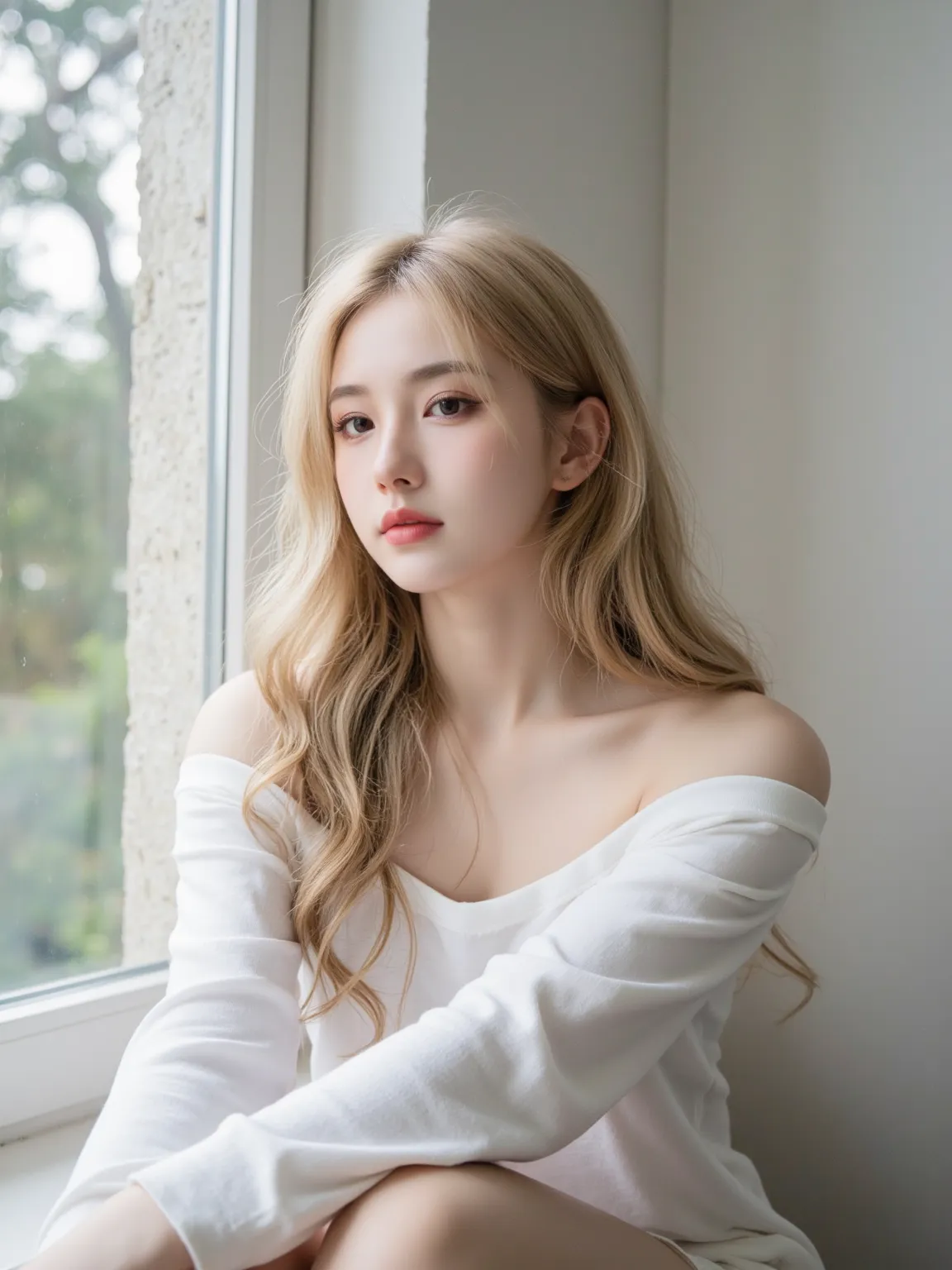 The image is a portrait of a young woman with long curly blonde hair and a pink lipsticksitting in front of a large window. She is wearing a white off-the-shoulder top that is draped over her shoulders and her arms are resting on her knees. Her hair is sty...