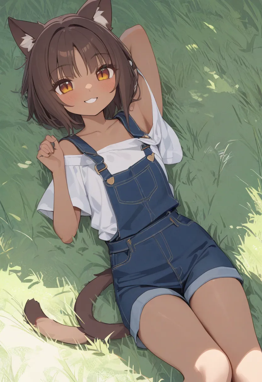 very awa, masterpiece, best quality, newest, highres, aburdres、Azuki、Azuki nekopara、One girl、flat chest、dark brown hair、brown skin、 bob cut from the front、short cat ears、cat tail、 amber eyes that give off shoulder milk、thin body、 Read more、Long neck、overal...