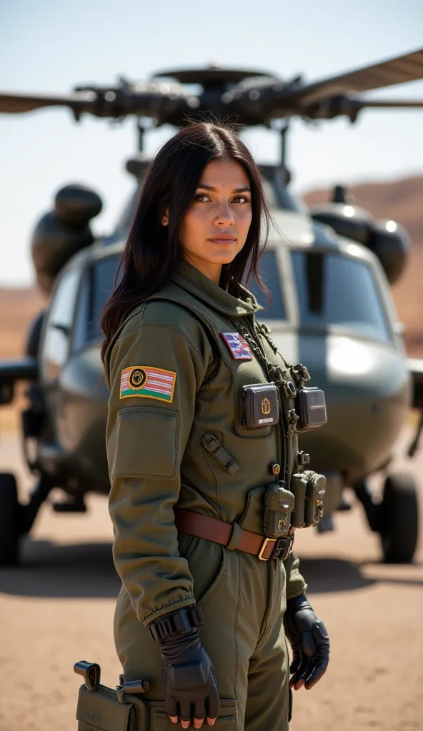 A beautiful and confident young woman from Algeria, serving as an elite attack helicopter crew member, stands facing slightly to the right with a composed and determined expression. Her dark eyes and elegant facial features exude both grace and authority, ...