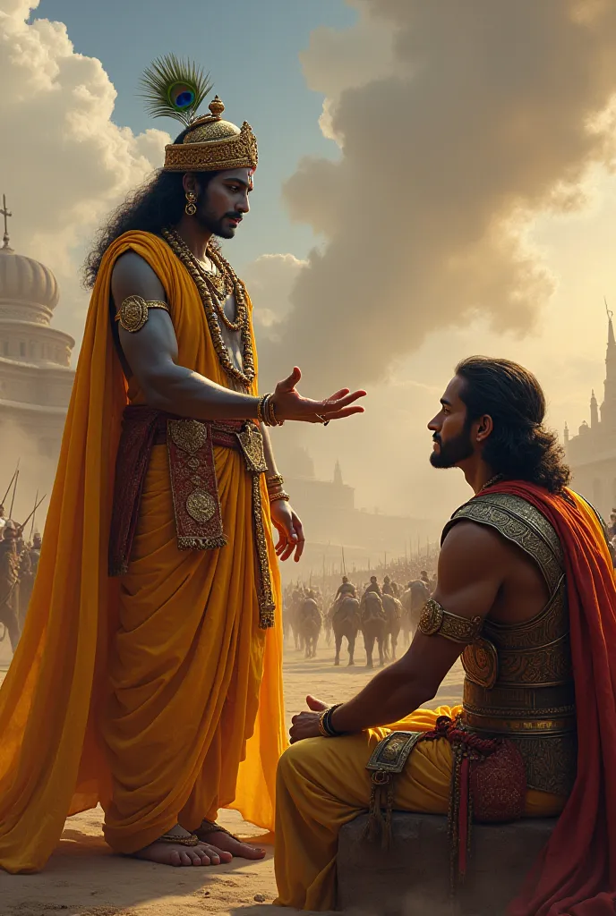 "Create a highly detailed and realistic digital painting of Lord Shri Krishna giving the Bhagavad Gita's wisdom to Arjuna on the battlefield of Kurukshetra. Krishna, with a divine aura, is depicted as the charioteer, adorned in golden-yellow garments and a...