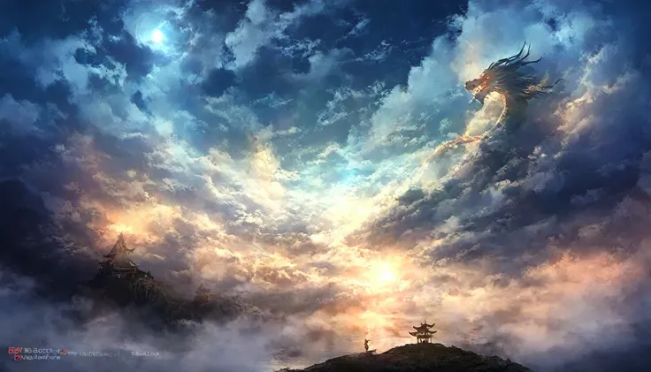 (cloud, fog, A mysterious glow, Oriental dragon shape), skies,  fantasy art, 巨大なドラゴンのfog, ( night :1.4)