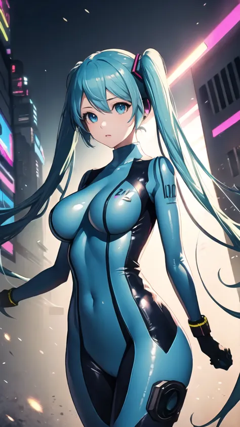  Hatsune Miku VOCALOID, Twin Tails, bright blue eyes, light blue hair, Pichi Pichi bodysuit, Cyberpunk,  The ultimate physical beauty, beautiful eyes, Big Breasts, , top quality, best image quality