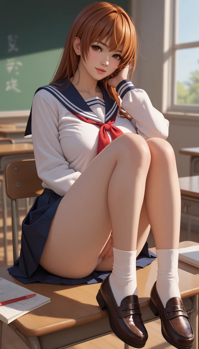 Kasumi Dead or Alive, Big breasts, long sleeve sailor blouse,  brown eyes, school skirt, nice legs, school socks, school shoes,  of foot