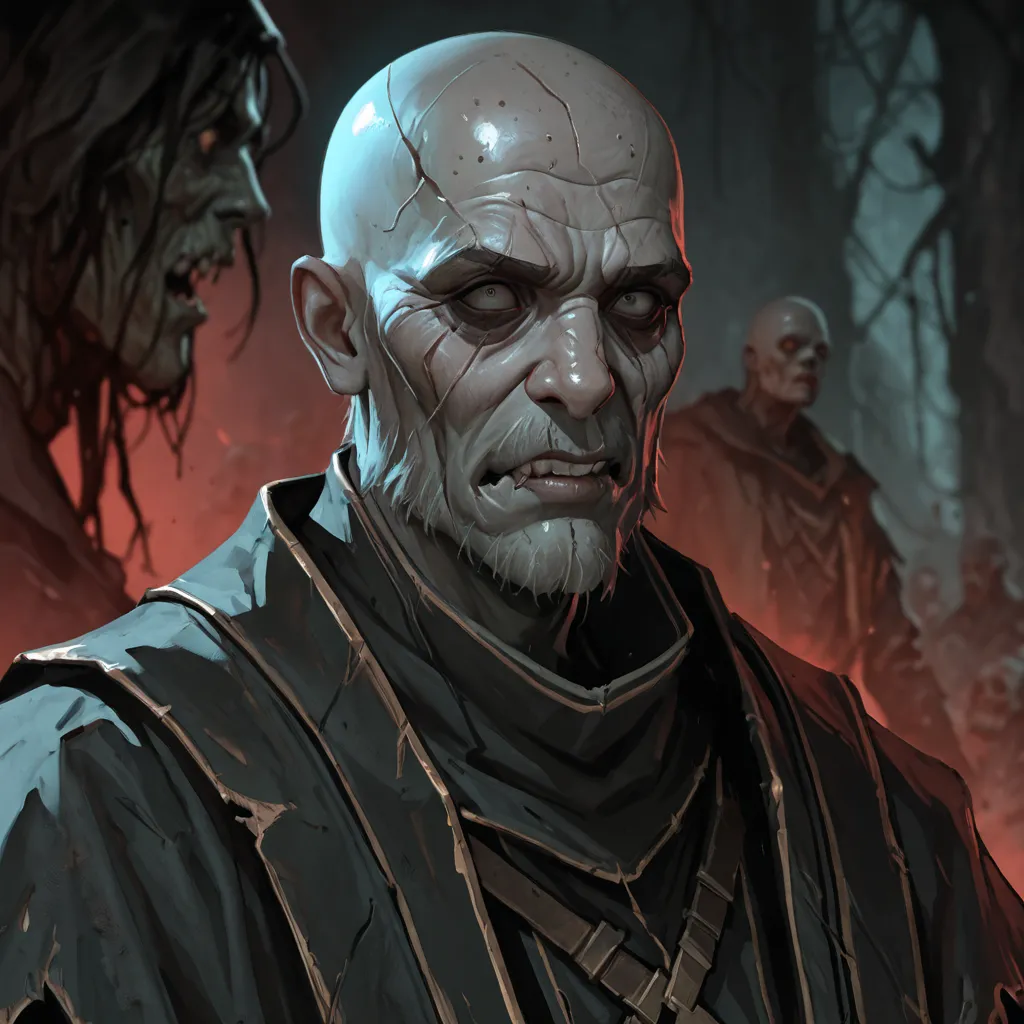 close-up de homem torto e old em um manto e capa com uma mala,  portrait,  dark fantasy character design, hunchback, old, Mistborn steel inquisitor,  portrait do old necromante, bald, elderly, amazing character concept art in 8k, dark fantasy concept art, ...