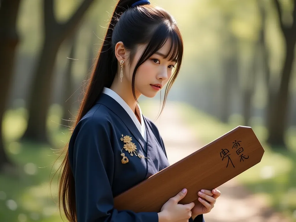  静かinひざまずいて祈っている日本の女子高生の傑作品質の画像 ,  wears a long-sleeved uniform with impeccable details .  she holds a large wooden board with both hands、,  arched earrings placed at chest height that stand out with the letters . That board flows between、「HunyuanVideo IN ...