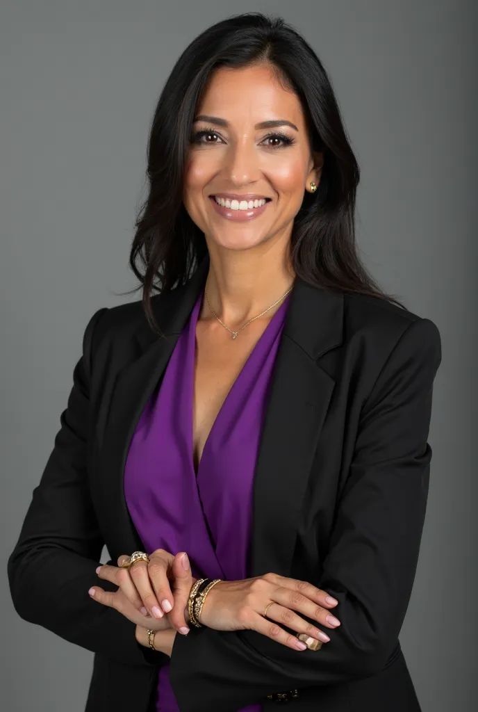 Generate a very realistic and natural photo of a 40-year-old Brazilian woman, white-skinned, rounder face, Very smooth straight long black hair is well positioned on the side, she is wearing a black blazer with a strong purple blouse black pants with her h...