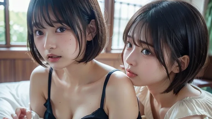 (1 has bob-cut hair:1.2、The other one has twin tail hair:1.2),(black underwear、sheer、Spread your legs wide、lie down、on the bed:1.2,2 girls),Japanese, 24 years old ,(small breasts:1.3),(top quality,masterpiece:1.3,super A high resolution,),(Ultra High Resol...