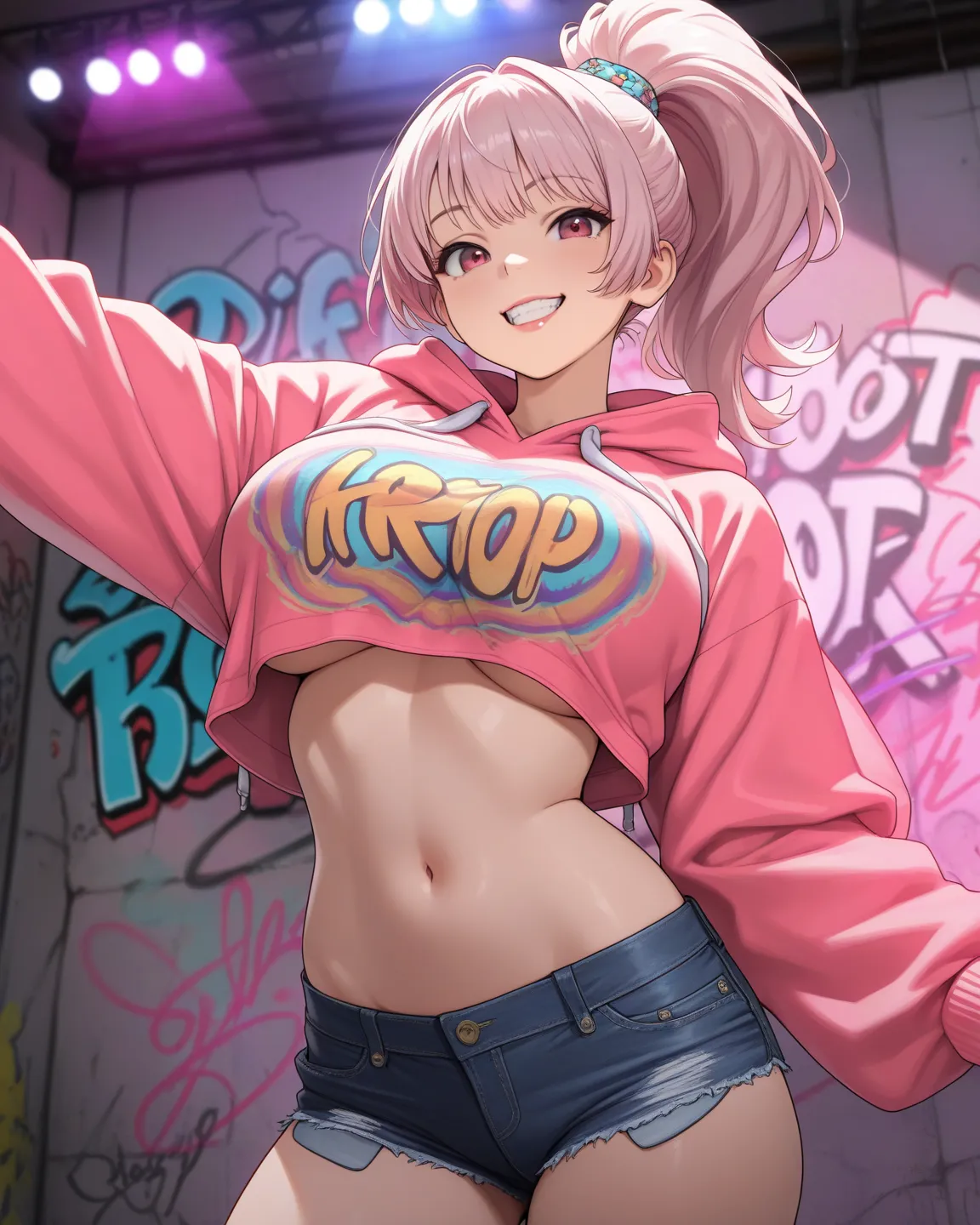 1 young school girl , Hip Hop Girl , Captivating Body,  Smile, Showing teeth, ( Platinum Pink Hair ), ( high ponytail hair),  hip hop fashion ,  colorful hoodie,  Cropped Tops , sexy hot pants,  sexy body, Perfect Lips,  graffiti , sexy pose,  Face Closeup...