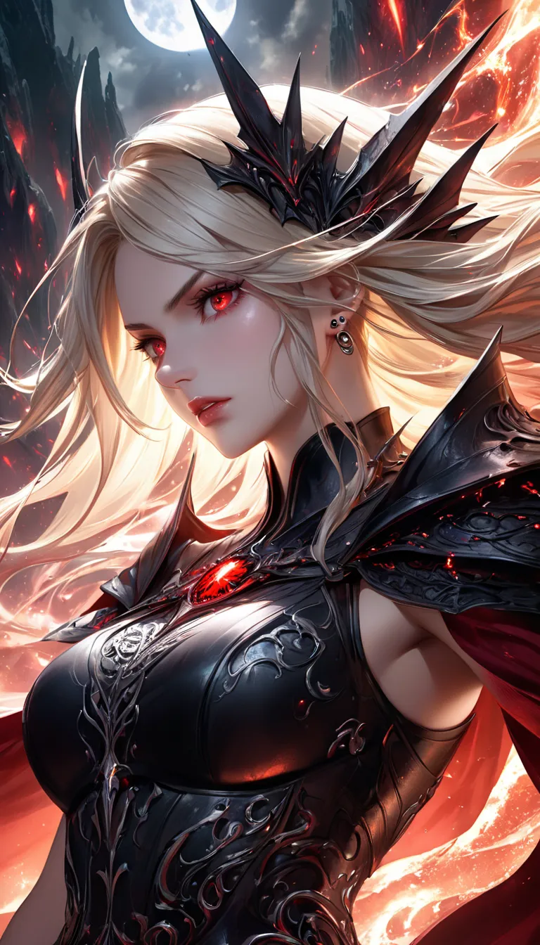 (Extreme close-up, Face-focused portrait)"A dark empress with an imposing presence, clad in a sleek black armor with intricate silver engravings. Long silver-blonde hair flows behind her, contrasting with her piercing red eyes that exude a sense of absolut...