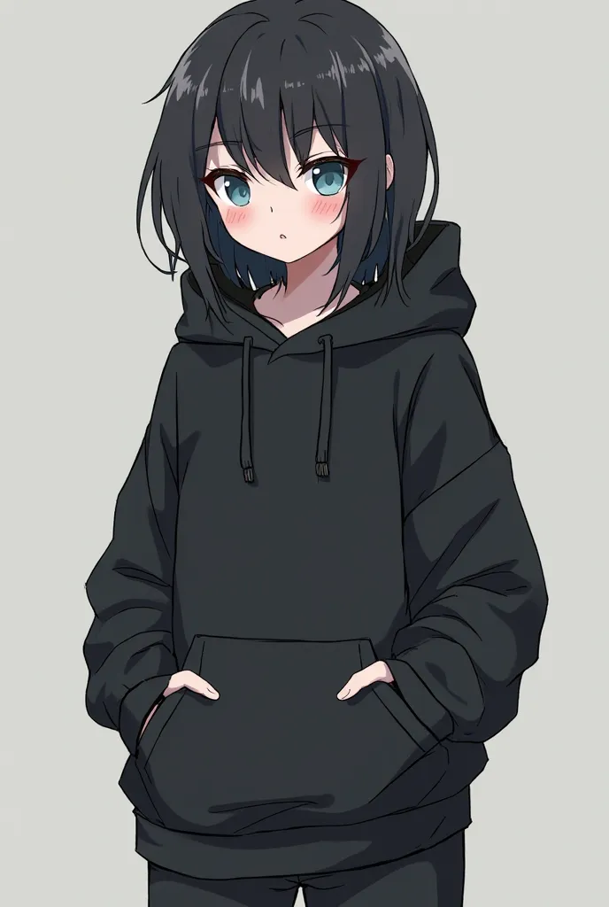 A  in a black sweatshirt with a hood and loose sweatpants and white socks that have a fringe that goes up to blue eyes,And the hair will be smooth,black and not too big,And she will be on the side of SANEMI from Demon Slayer