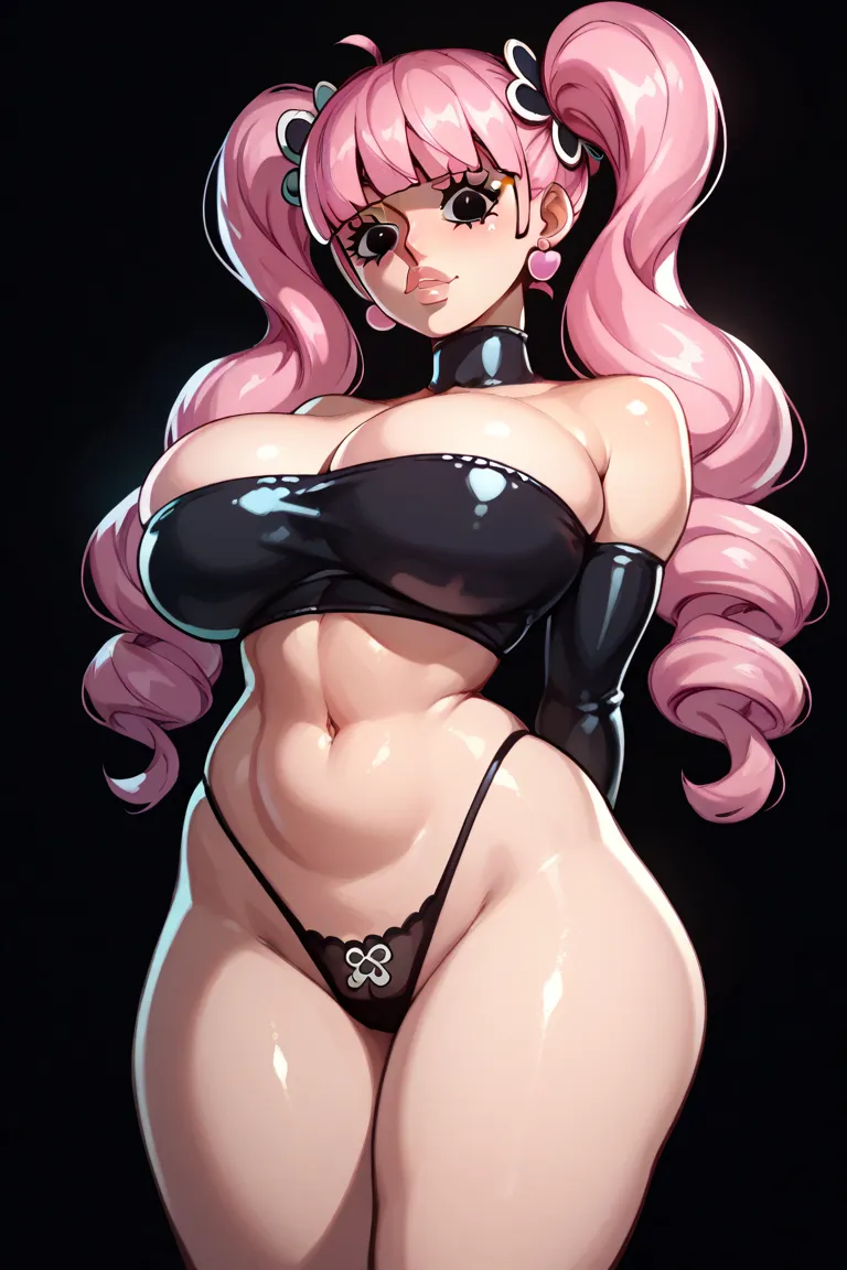 Perona from One Piece, big breasts, pink hair, black eyes, tight tube top, panties, arms behind back, shiny skin, black background, looking at viewer, 