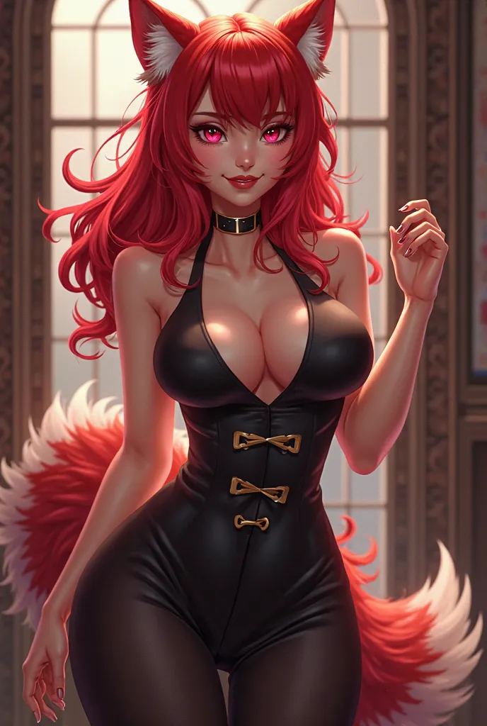 *a humanoid dog girl with big breasts, big thighs and butt and a somewhat charming smile. Red hair and tail with dog ears plus red eyes. She likes to wear something formal but provocative 