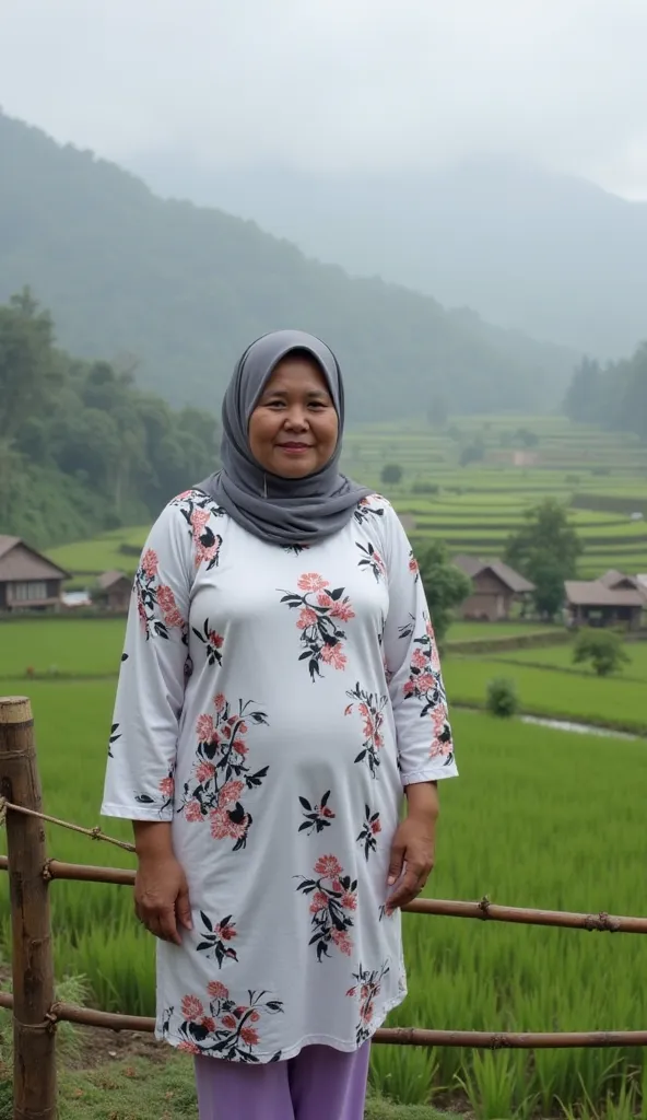 
1 mature plump Indonesian woman, oval face shape, XL size breasts, wearing a gray hijab, white housedress with black and red floral patterns, tight long light purple leggings, standing near a bamboo fence with a background of a vast expanse of terraced ri...