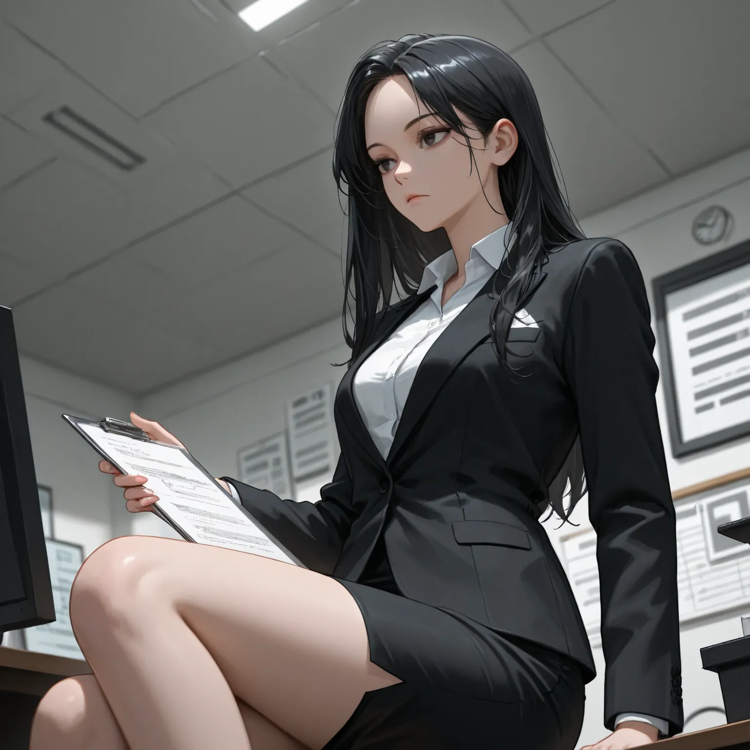 1 girl,  black hair,  long hair,  long hair ,  audio,  white shirt, H line black skirt, secretary, black suit, is expressionless,  Perfect Ratio 