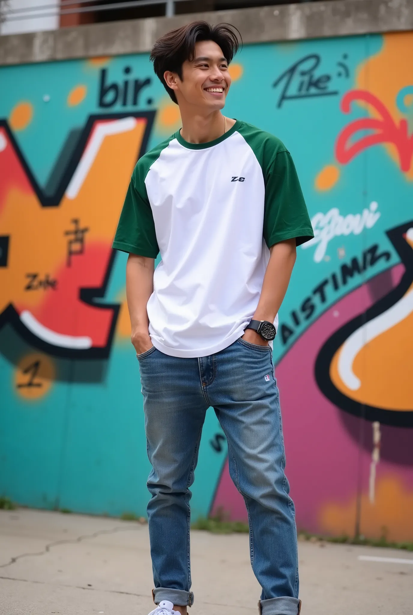 A Filipino male model, smiling, wavy hair, wearing white with green sleeve ZEKE_Raglan_Tshirts, denim jeans, sneakers, standing in front of a vibrant graffiti wall, low-angle shot, shot from below