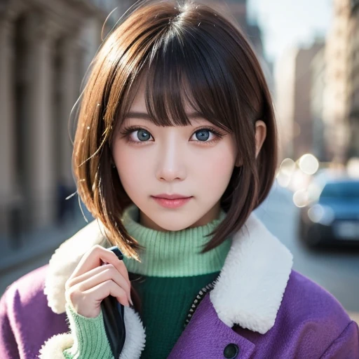  girl ,  tea hair,  Bob Haircut , With bangs,  purple snow jacket with green sweater inside, Join hands, A little serious expression,  big eyes,  white gloves, blue eyes,