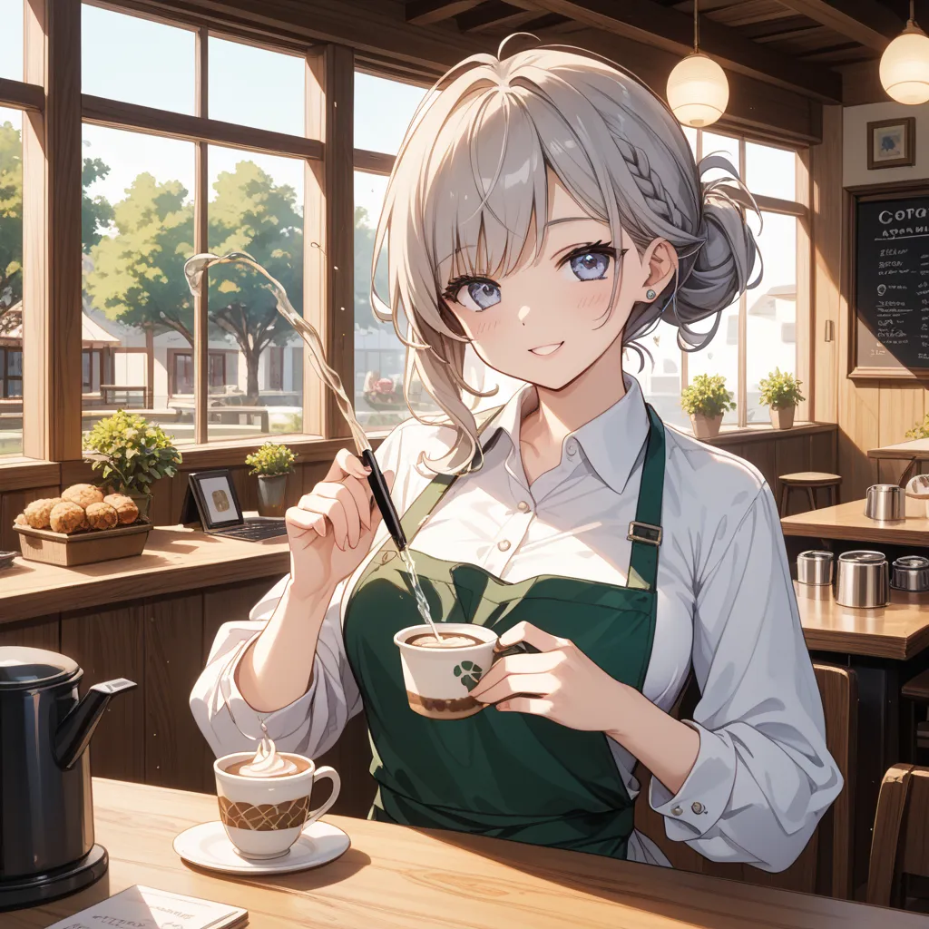 and、has a gentle, warm expression、from a warm lighting drawing that makes you feel nostalgic {x} from a gooseneck kettle I'm carefully pouring hot water into the coffee dripper。he doesn't wear a shirt、simply wears only an apron、a wolf barista with a gray f...