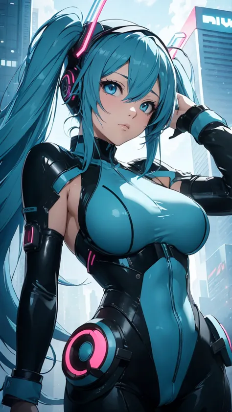 ((top quality))、(masterpiece)、 Hatsune Miku VOCALOID、(Twin Tails)、light blue hair、Watercolor Eyes、Cyberpunk、big butt、(Big Breasts)、bodysuit、sexy pose、 The girl has an electronic visor attached to her face、Red latex body、Cyberpunkモード、(light blue hair:1.4), ...