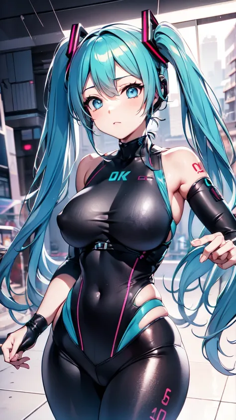  Hatsune Miku VOCALOID, Twin Tails, pale blue eyes, light blue hair, Tight fitting bodysuit, Cyberpunk,  The ultimate physical beauty, beautiful eyes, Big Breasts, , top quality, best image quality,