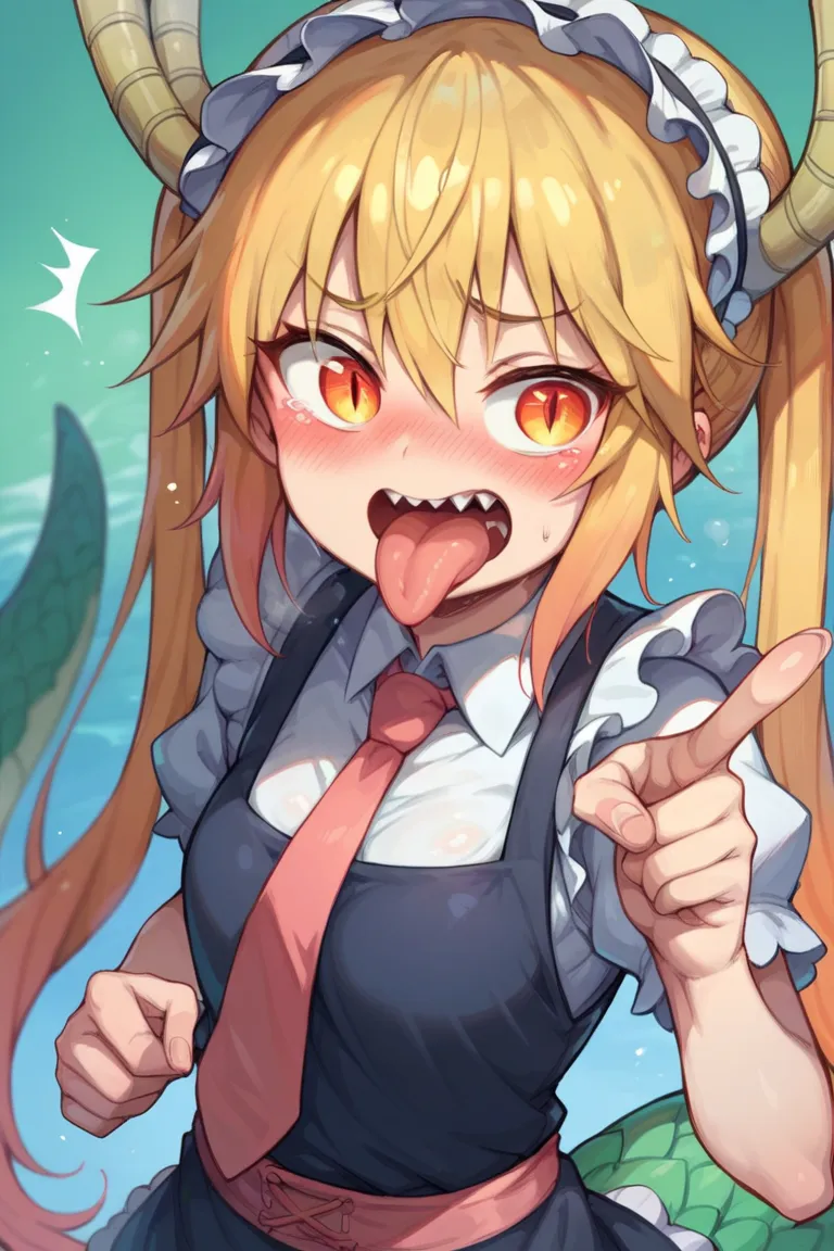 Tohru(Dragon Maid) small breasts flat chest Vikini mouth open tongue showing mouth pointing at her mouth eyes of a blushed heart breath face full of semen a lot of semen clothes full of semen embarrassed breasts covered in semen