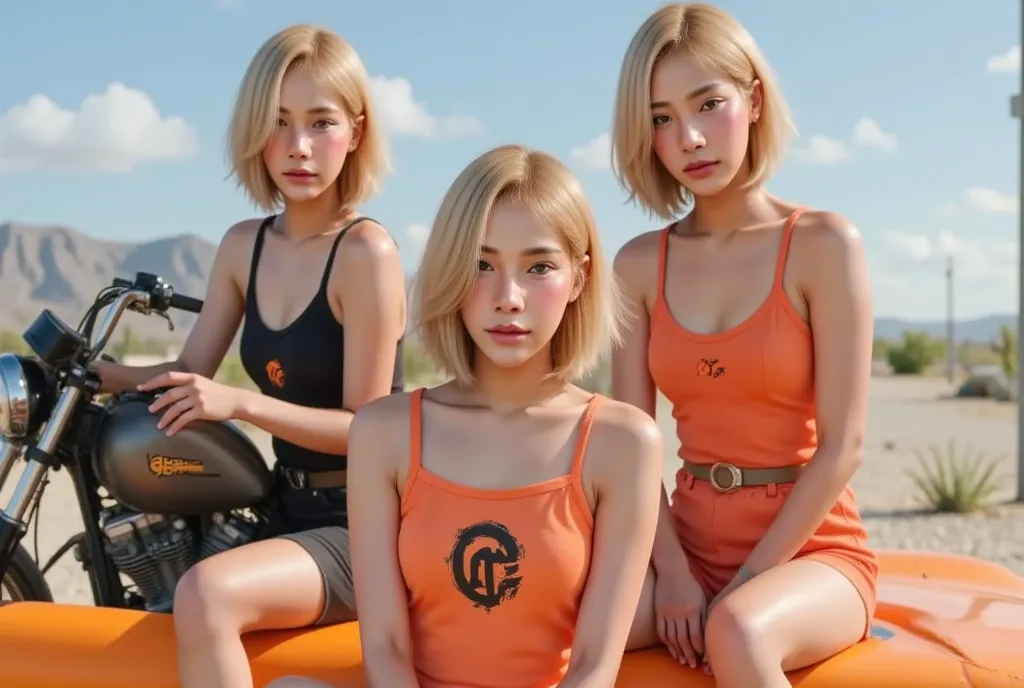 three asian woman with bob blond hair and strong arms in orange convertible car , on a motorcycle ,madmax scene