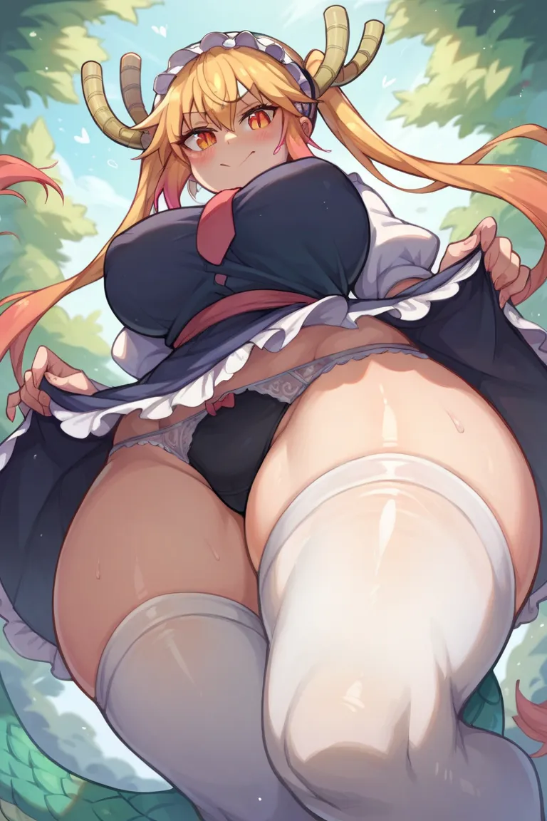 Tohru(Dragon Maid) Bottom view thick thighs foot fetish long stockings white stockings 