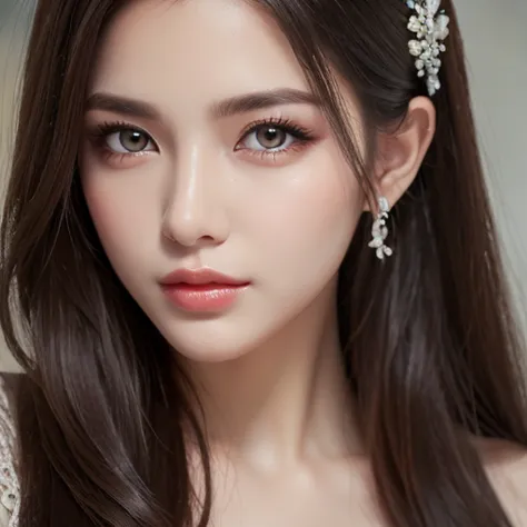 photo realistic,  lip gloss, Painting,  realistic,  best quality ,  ultra high definition, Depth,  pastel, Natural Shading,  focus on the face, Face only,  Look at the Viewer ,  long hair,  hair accessories ,  black hair, Brown detailed eyes,  dress