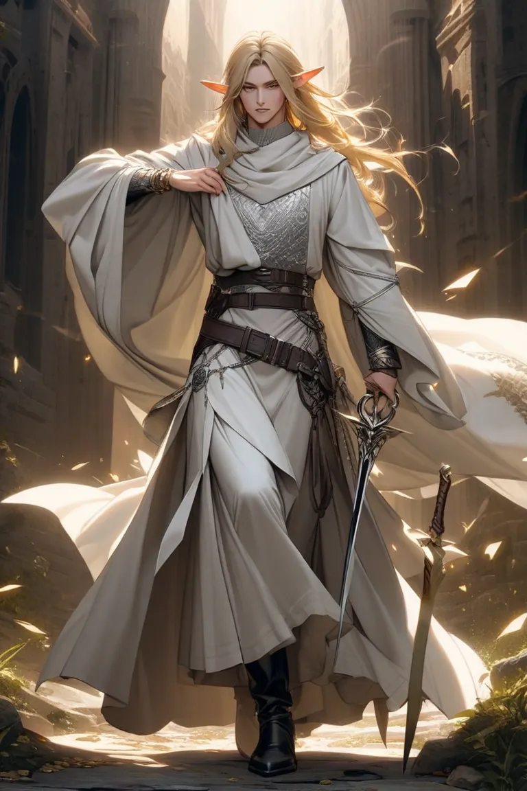 "A tall, slender elf with long, blond hair, fair skin and sharp eyes. His pointed ears stand out under the pointed wires. He wears an elegant and tactical costume, all in shades of white and silver, including a long tunic with metallic details, a belt ador...