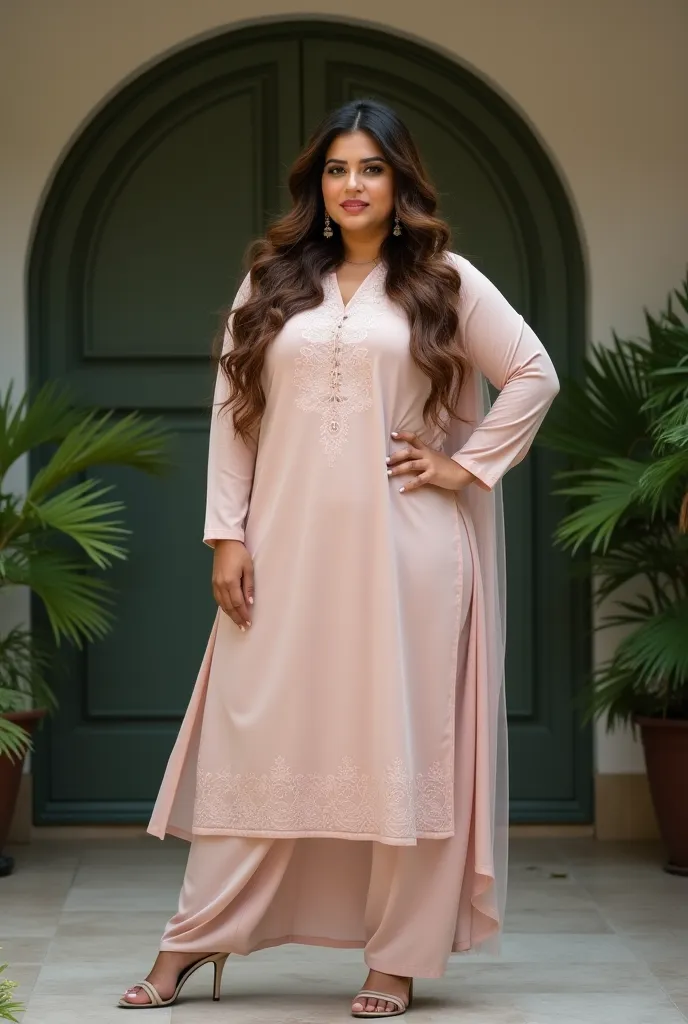 Create a photograph with Nikon d850 full image  plus size muscle gorgeous Pakistani lady standing in front of garden's wall, nice hair shades, wearing simple salwar kameez, heels.