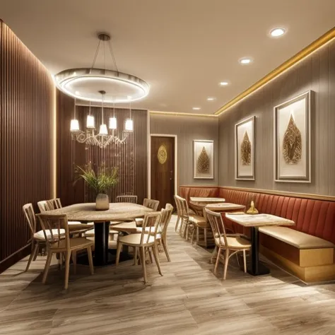 Create a cozy and modern Eastern-styled interior space inspired by Indian and Middle Eastern architecture for an economical yet authentic Indian restaurant. The space features white 3 meters ceiling with a simple, bright white design, creating a clean and ...