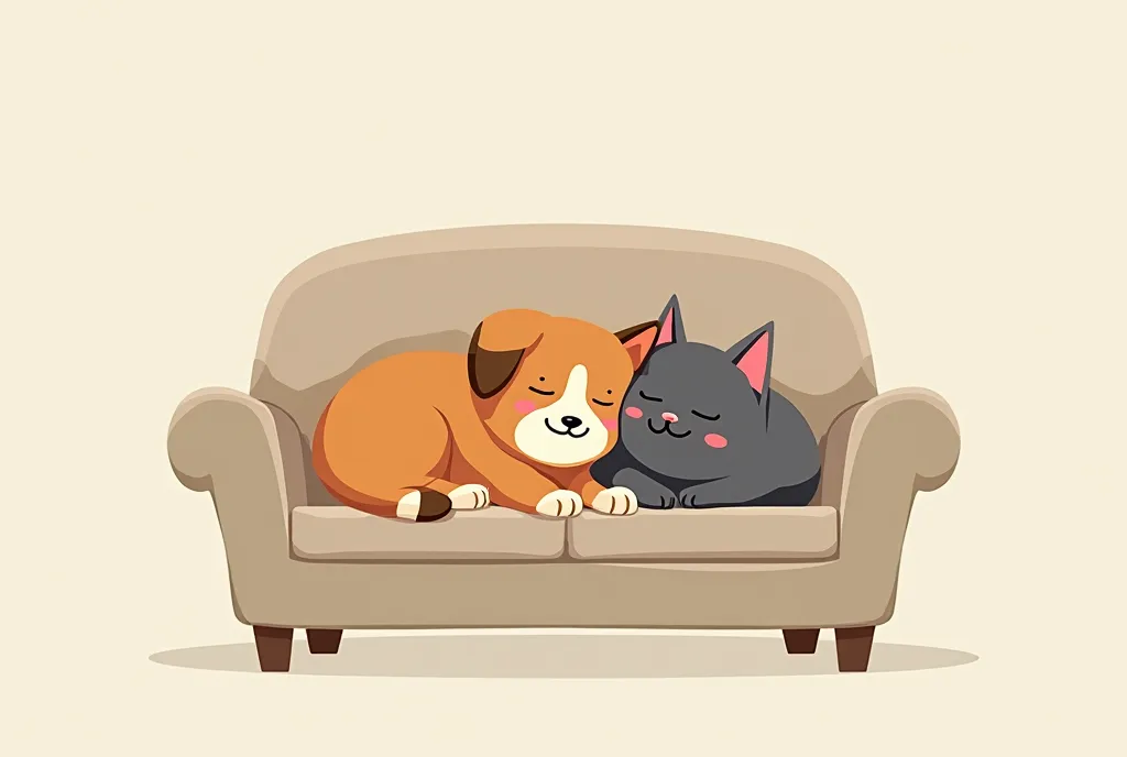  funny dog and cat sleeping togheter in sofa simply flat vector illustration front view