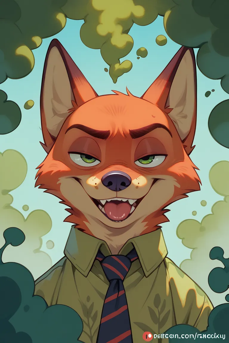 Nick Wilde, smirking expression, attractive, cartoon, toony style, gas, farting, facing away from viewer, fart, covered in gas, green smoke coming from tail, thick green smoke, thick, tongue out