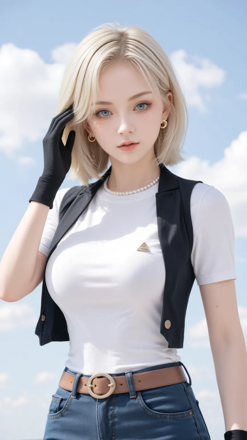 Android 18 from Dragon Ball stands confidently against a bright sky with soft white clouds. She has straight, light-blonde hair cut just above her shoulders, with a side part and bangs draping slightly over her right forehead. Her large, light-blue eyes, t...