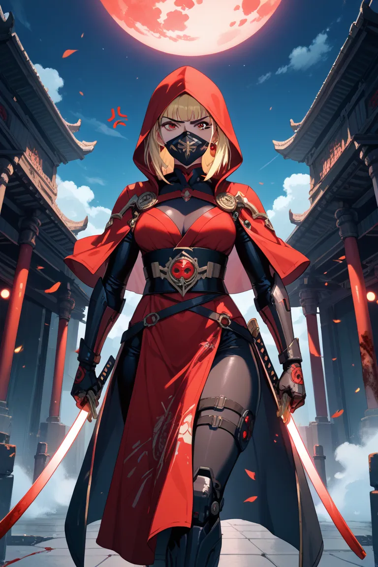 blonde ninja girl, kunoichi, night moon twillight temple, sci fi, robot, black mask, red hood, darkness, garnet red kunoichi costume, beatiful, anger, glowing orange eyes, black eyebrows, fantasy, cyberpunk, futuristic, looking at you, threating looking, b...