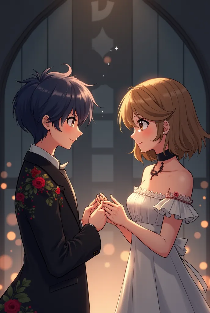 Combine these two characters in one picture. The picture of a boy offering a ring to the girl to accept for marriage while wearing an elegant black suit and the girl wearing a short off-shoulder white dress and the boy is obsessed with her

